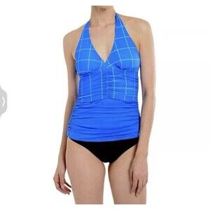 Spanx Tankini Swimsuit Womens 6 Blue Green Ruched Halter Windowpane Slimming New
